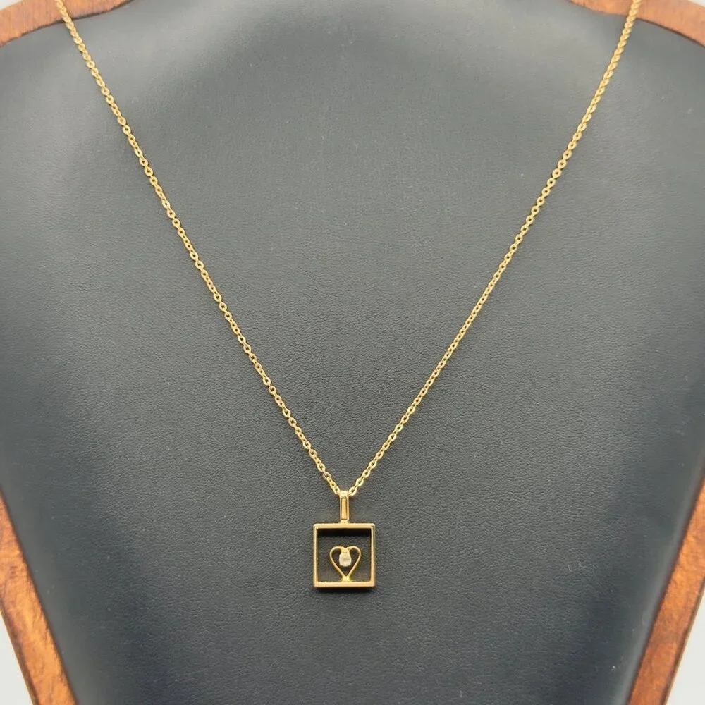 Gold Plated Heart Pendant Necklace With Square Frame & Chain